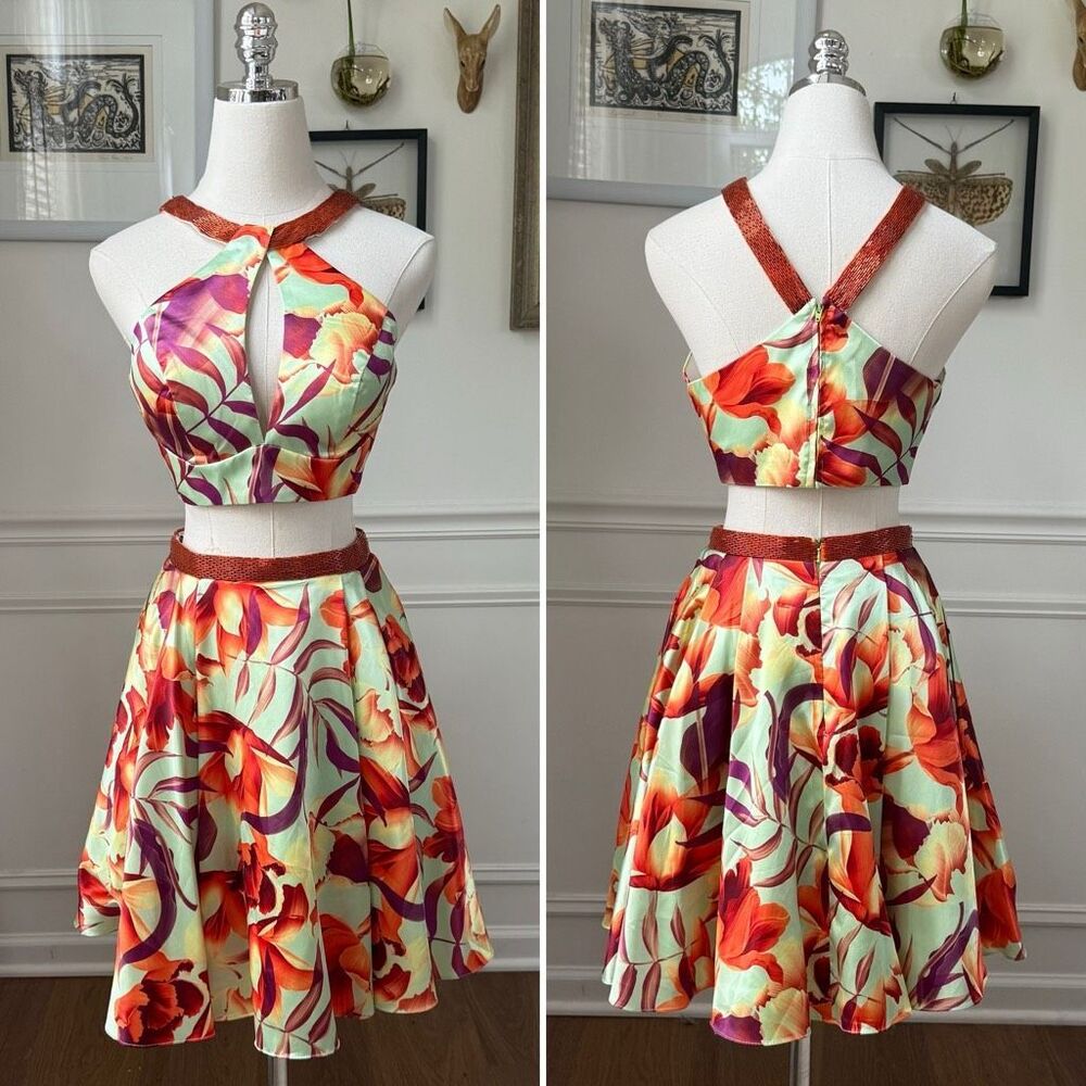 Lucci Lu 2 Piece Cocktail Homecoming Dress Orange Floral $300 4